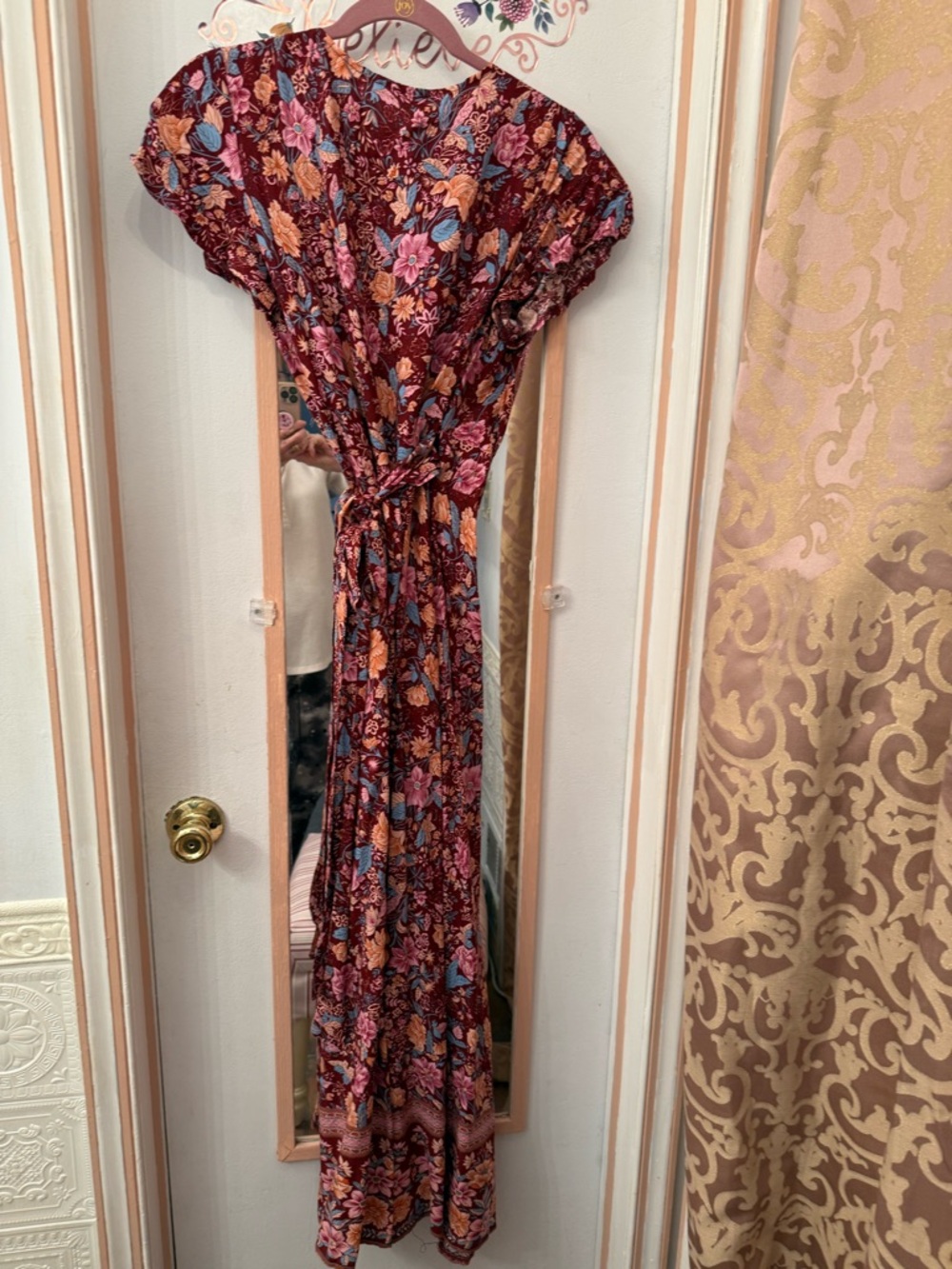 Women's Burgundy Floral Wrap Maxi Dress with Pink Accents - Picture 2 of 5
